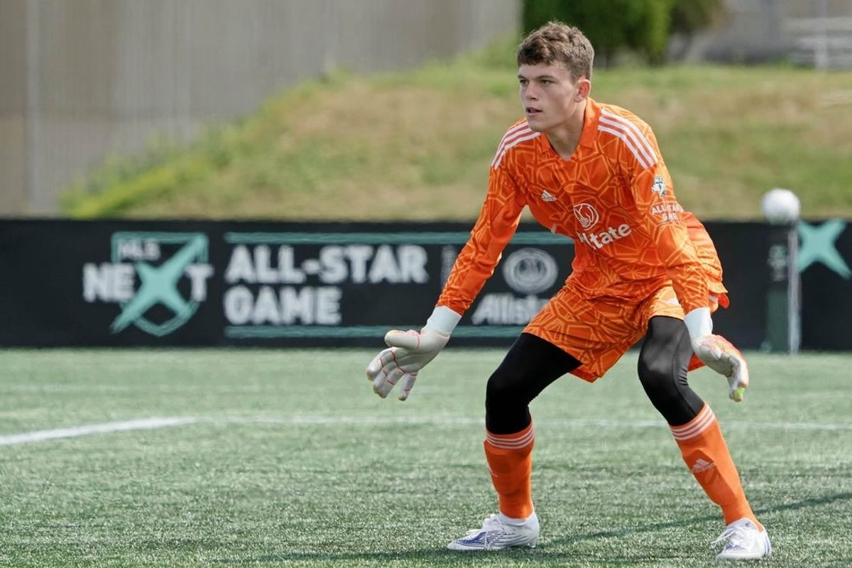 Aug 10, 2022; Blaine, MN, USA; MLS Next West player Adam Beaudry (1) of Colorado Rapids watches play against MLS Next East during the second half of the 2022 MLS NEXT All-Star Game at National Sports Center Indoor Sports Hall.