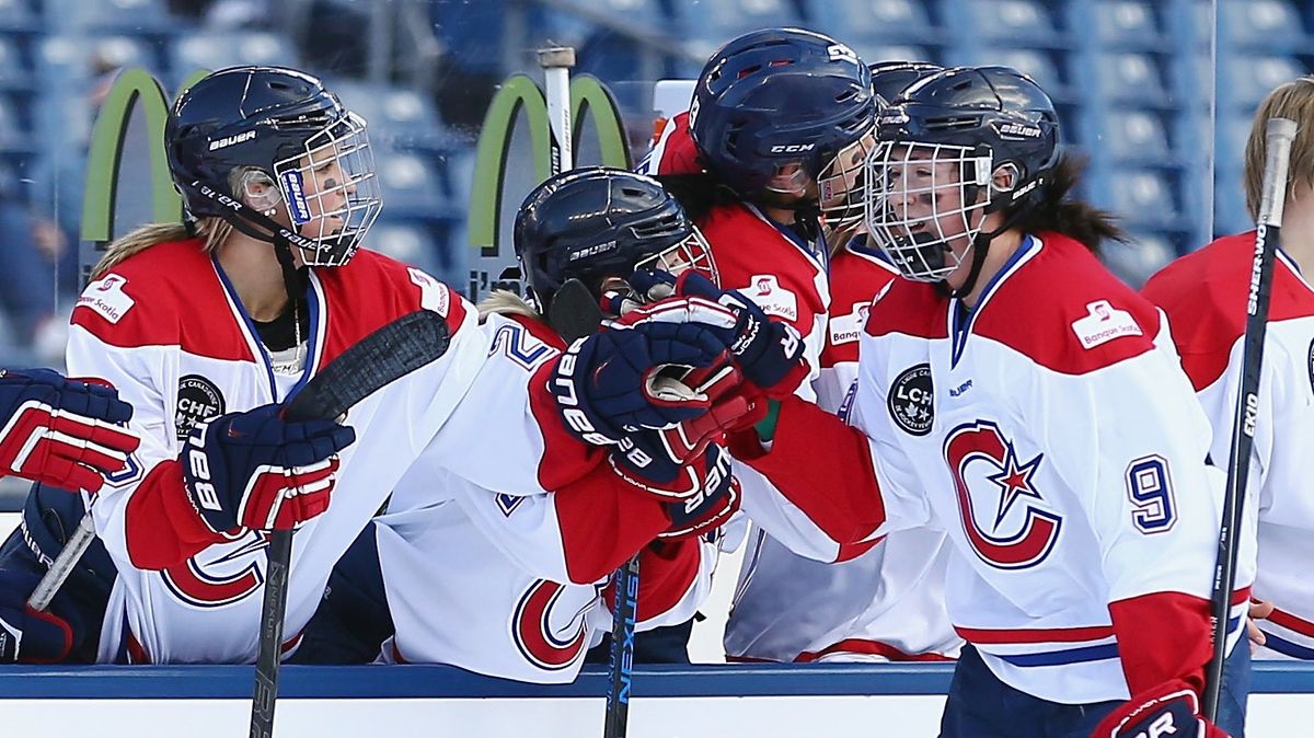 Players from Les Canadiennes during the Outdoor Womens Classic at Gillette Stadium on December 31, 2015 in Foxboro, Massachusetts