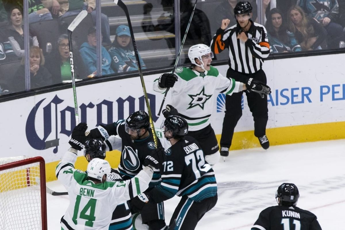 Mar 5, 2024; San Jose, California, USA; Dallas Stars center Wyatt Johnston (53) reacts after scoring against the San Jose Sharks during the third period at SAP Center at San Jose.
