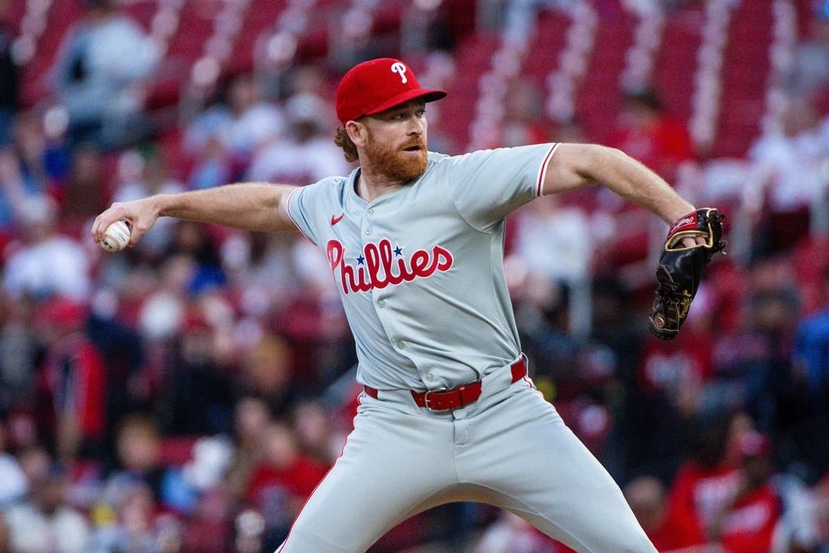 Apr 8, 2024; St. Louis, Missouri, USA;  Philadelphia Phillies starting pitcher Spencer Turnbull (22) pitches against the St. Louis Cardinals during the first inning at Busch Stadium.