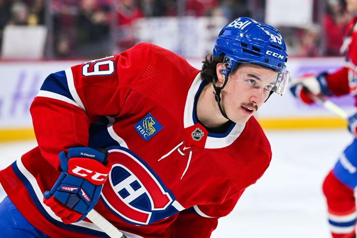 Nov 12, 2023; Montreal, Quebec, CAN; Montreal Canadiens left wing Rafael Harvey-Pinard (49) looks on during warm-up before the game against the Vancouver Canucks at Bell Centre.