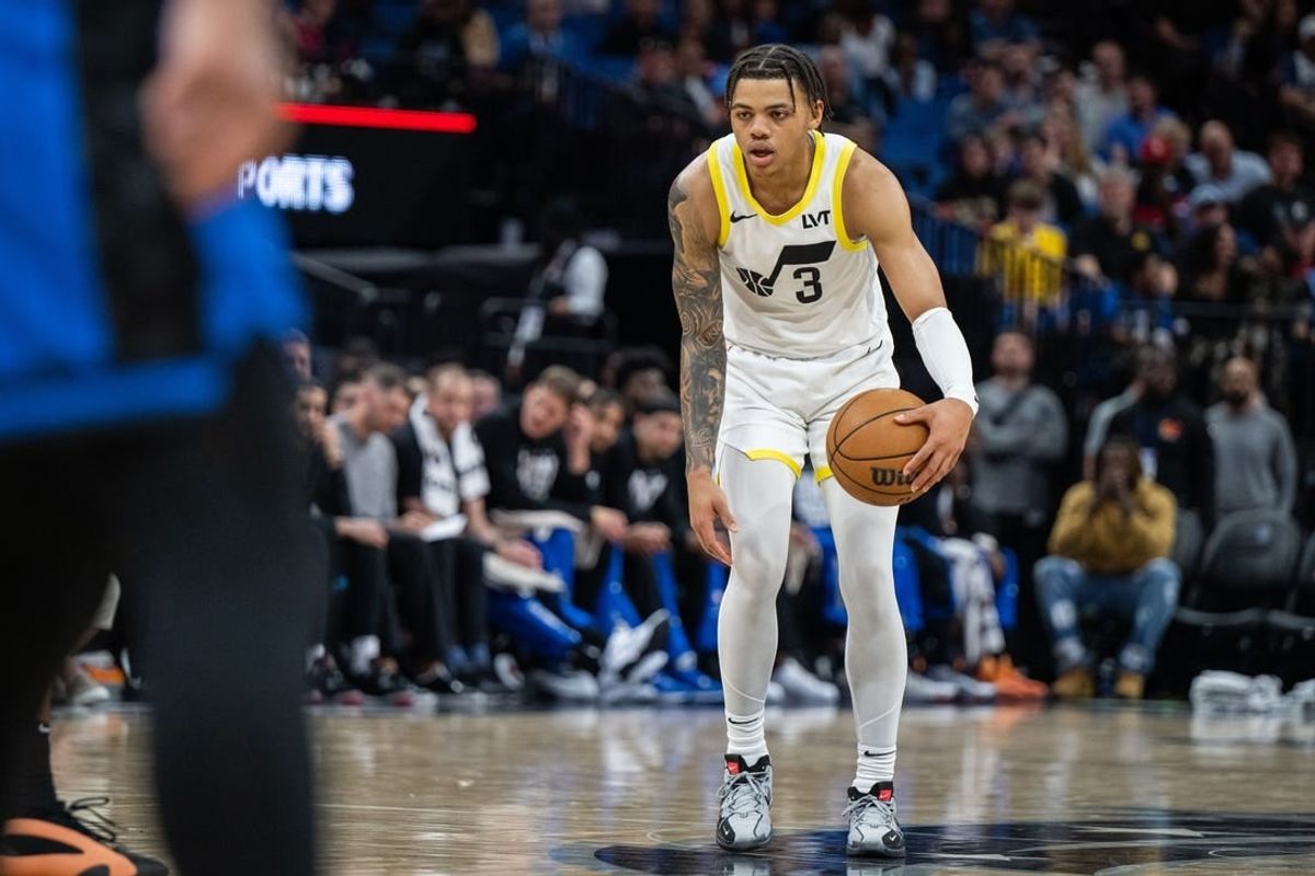 Feb 29, 2024; Orlando, Florida, USA; Utah Jazz guard Keyonte George (3) dribbles the ball against the Orlando Magic in the fourth quarter at Kia Center.