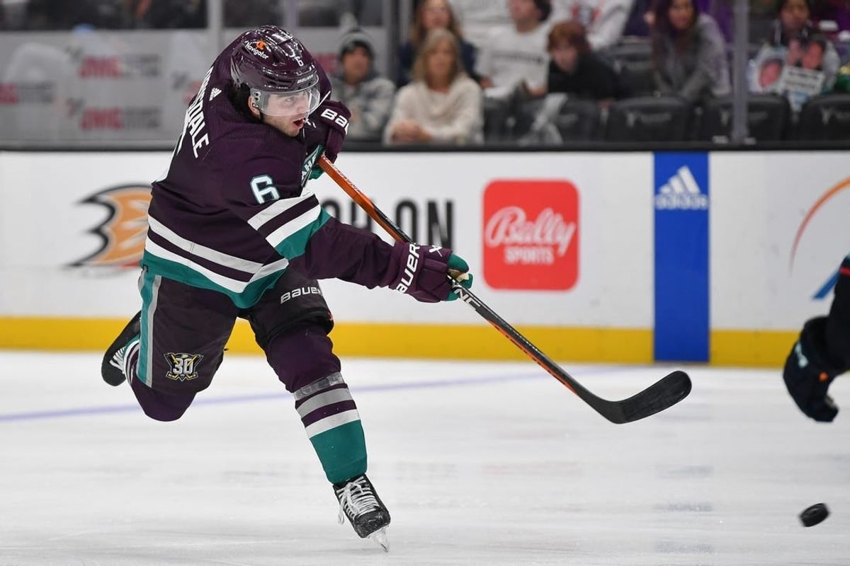 Dec 23, 2023; Anaheim, California, USA; Anaheim Ducks defenseman Jamie Drysdale (6) shoots on goal against the Seattle Kraken during the second period at Honda Center.