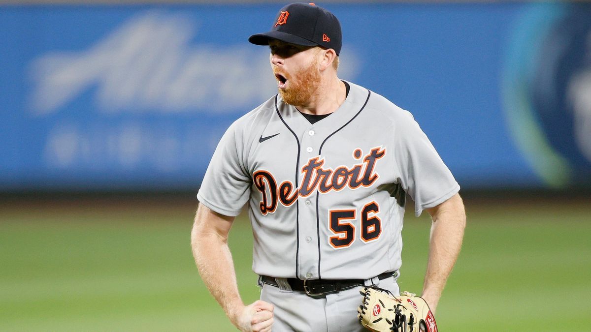 S pencer Turnbull of the Detroit Tigers celebrates after his no-hitter against the Seattle Mariners at T-Mobile Park on May 18, 2021 in Seattle, Washington.