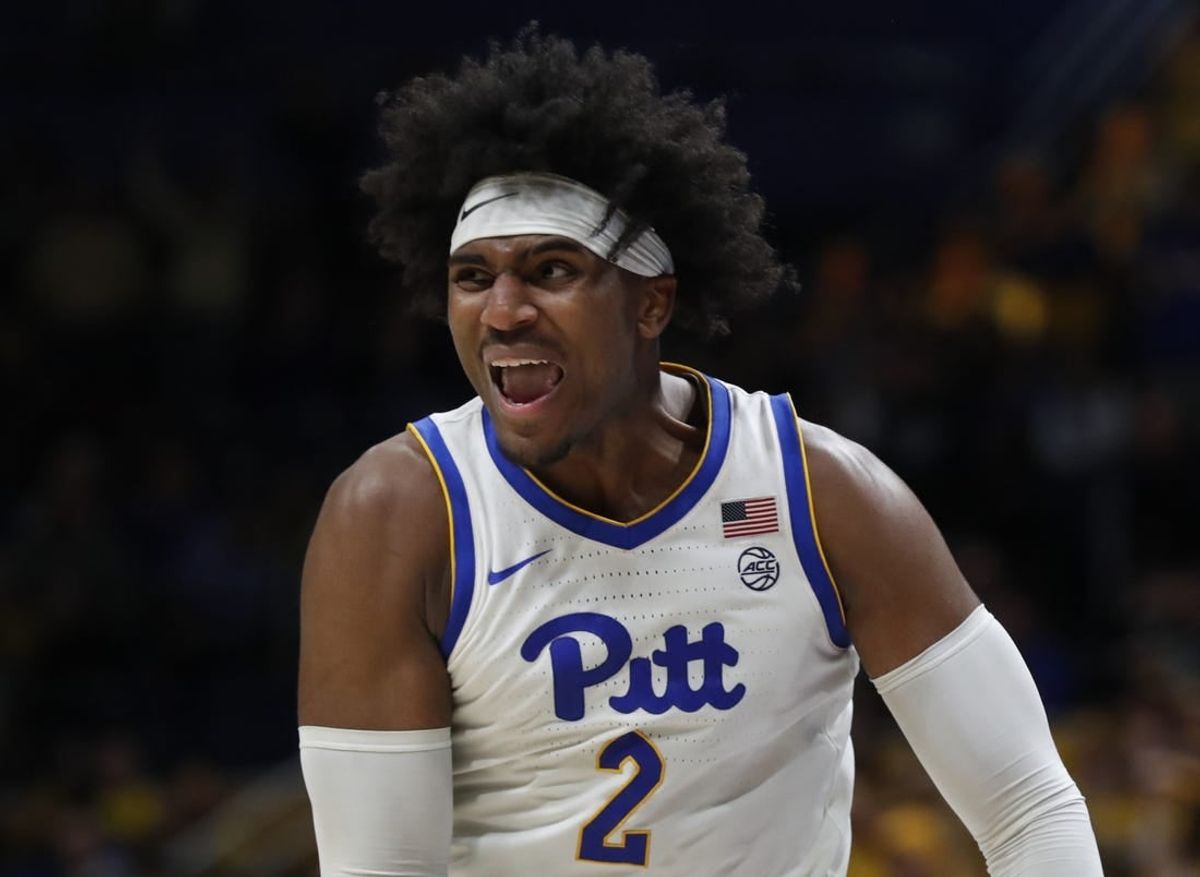 Nov 28, 2023; Pittsburgh, Pennsylvania, USA; Pittsburgh Panthers forward Blake Hinson (2) reacts after a made basket against the Missouri Tigers during the second half at the Petersen Events Center. The Tigers won 71-64.