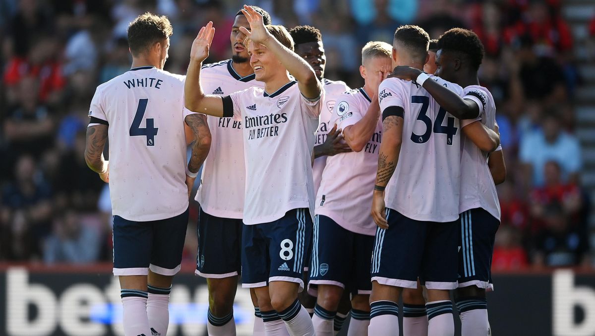 Martin Odegaard of Arsenal celebrates their sides second goal during the Premier League match between AFC Bournemouth and Arsenal FC at Vitality Stadium on Aug.  20, 2022 in Bournemouth, England.