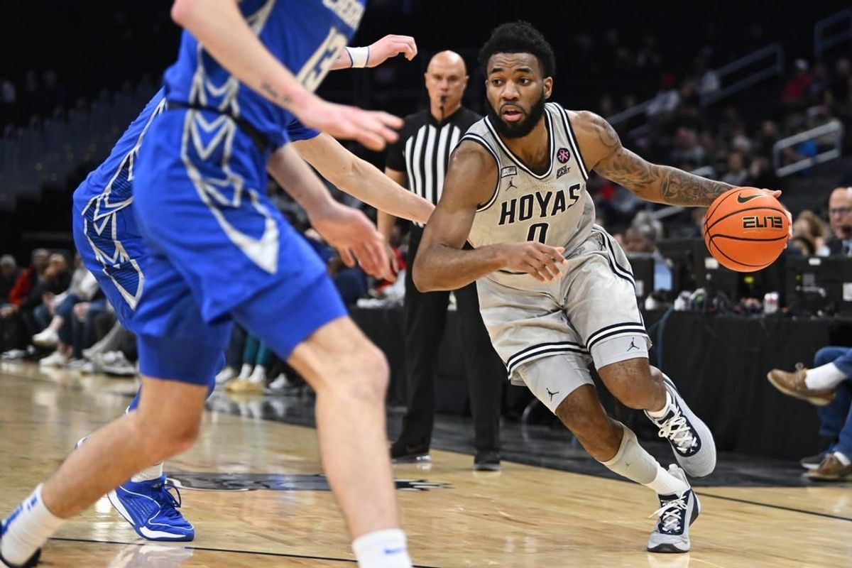 Jan 2, 2024; Washington, District of Columbia, USA; Georgetown Hoyas guard Dontrez Styles (0) dribbles against the Creighton Bluejays during the second half at Capital One Arena.