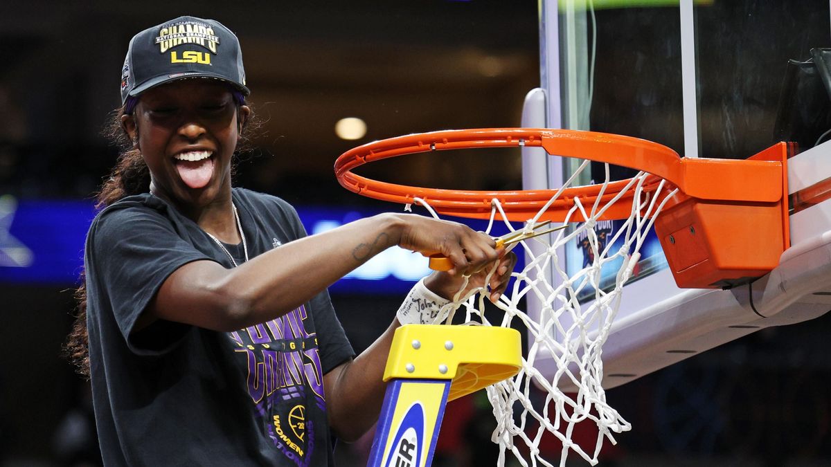 LSU’s Angel Reese cuts down the nets after a whirlwind of a women’s NCAA tournament .