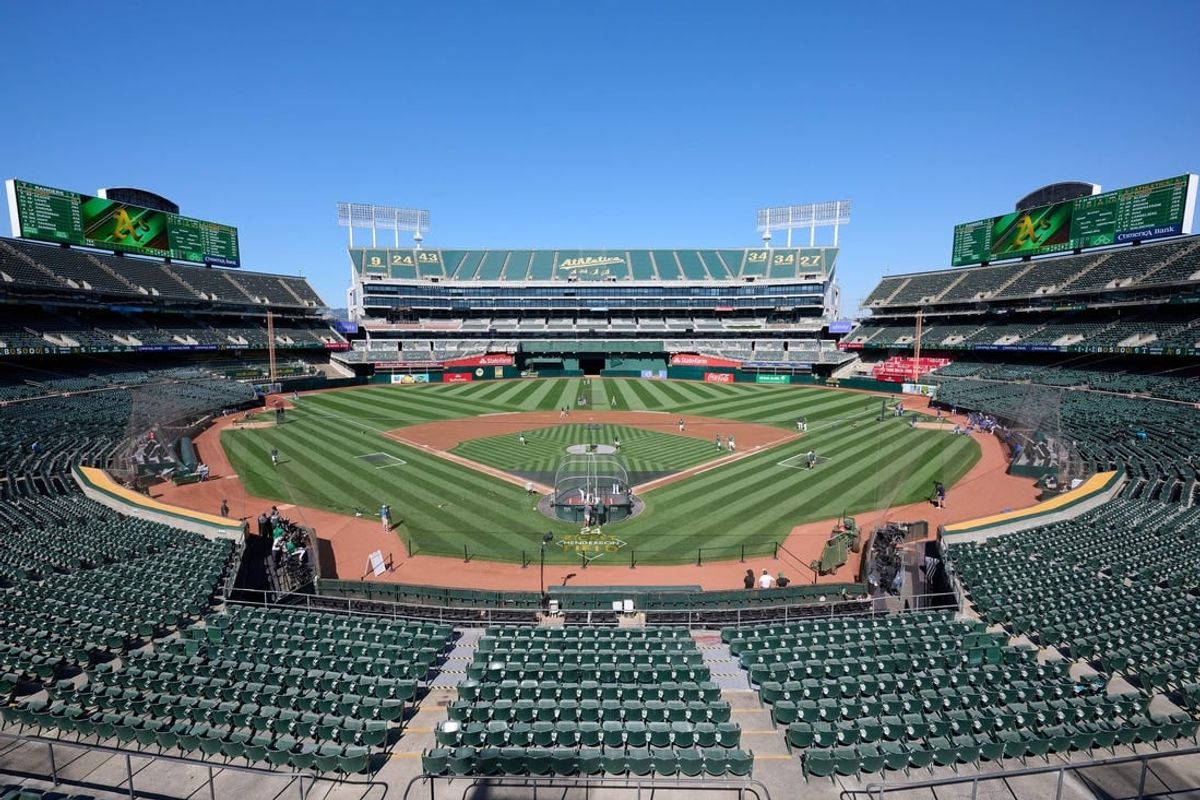 Aug 7, 2023; Oakland, California, USA; A general view of Oakland-Alameda County Coliseum before a game between the Oakland Athletics and the Texas Rangers.