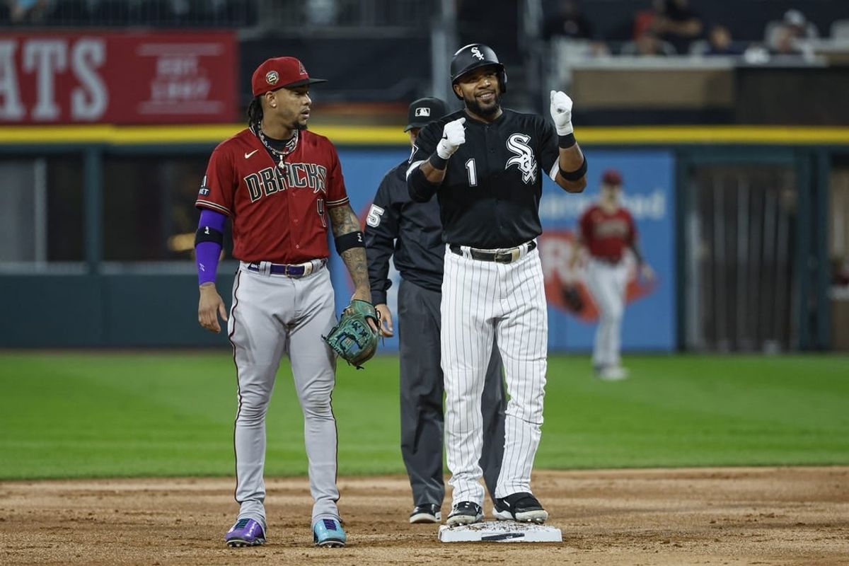 Sep 26, 2023; Chicago, Illinois, USA; Chicago White Sox shortstop Elvis Andrus (1) clebrates after hitting a double against the Arizona Diamondbacks during the first inning at Guaranteed Rate Field.