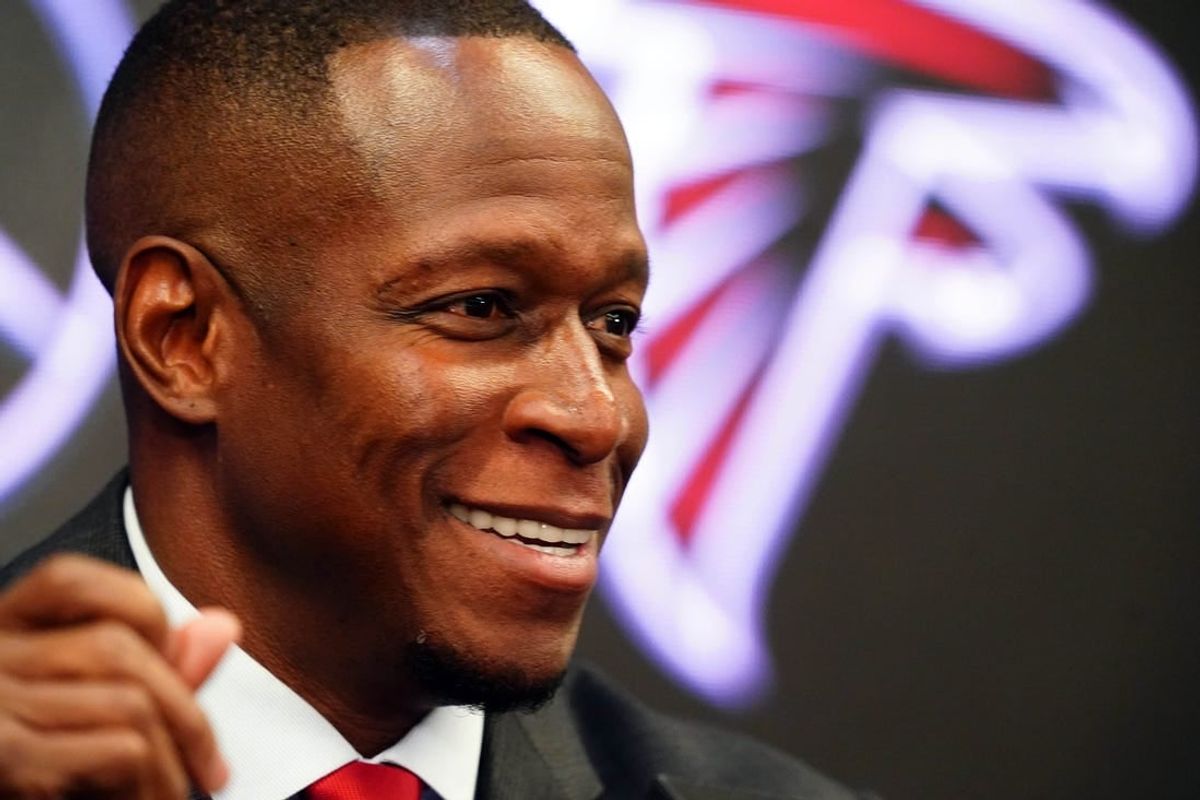 Feb 5, 2024; Atlanta, GA, USA; Raheem Morris address the media after being introduced as the new head coach of the Atlanta Falcons at Mercedes-Benz Stadium.