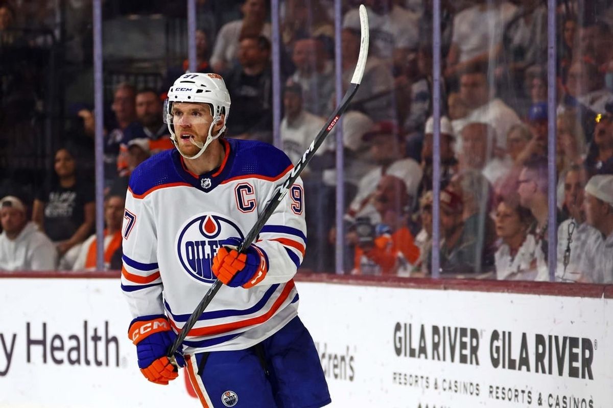 Apr 17, 2024; Tempe, Arizona, USA;  Edmonton Oilers center Connor McDavid (97) skates during the first period against the Arizona Coyotes at Mullett Arena.