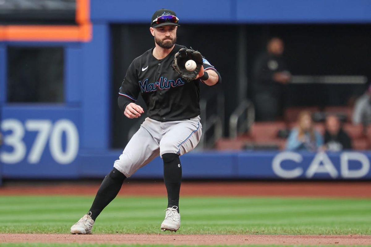 Sep 27, 2023; New York City, New York, USA; Miami Marlins shortstop Jon Berti (5) fields he ball during the third inning against the New York Mets at Citi Field.