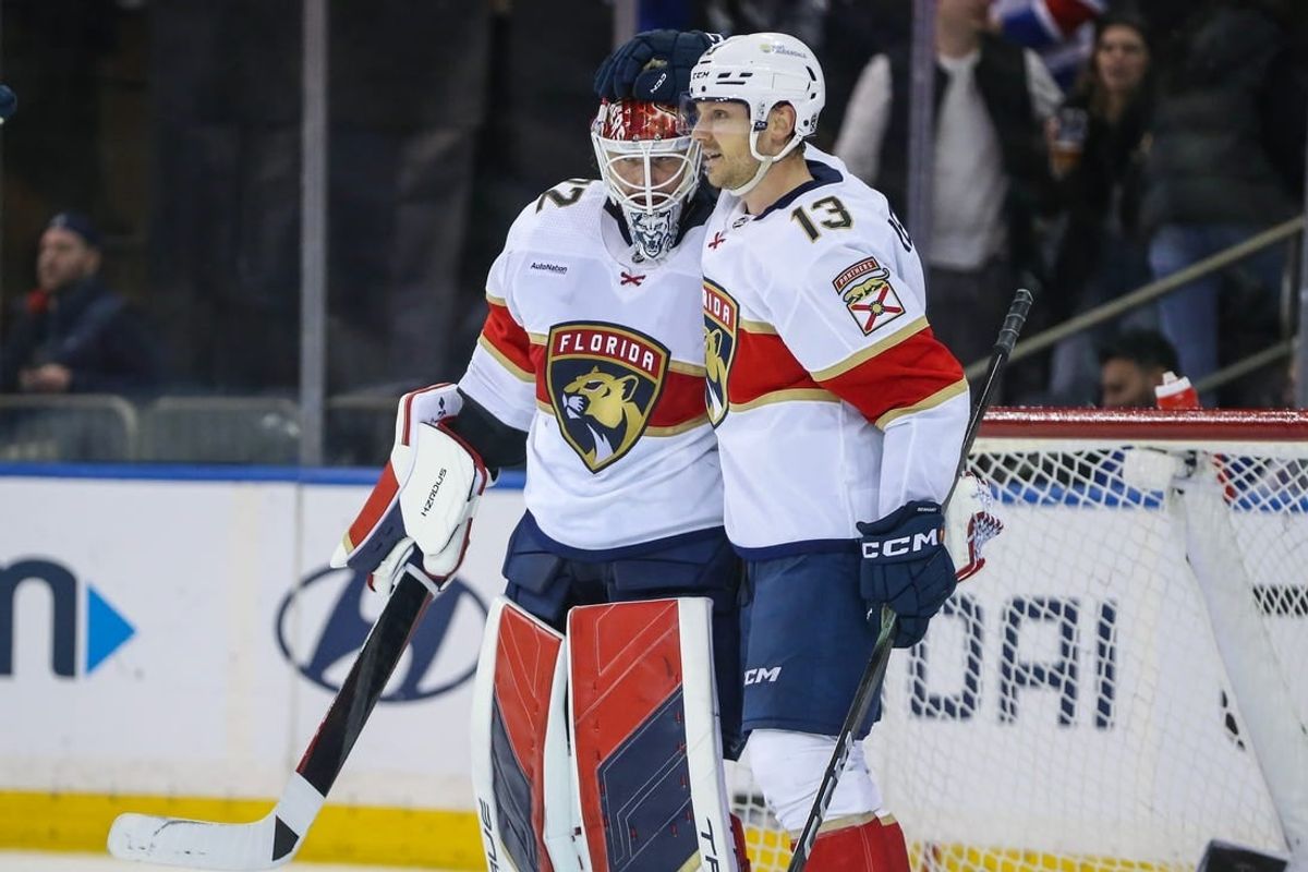 Mar 4, 2024; New York, New York, USA;  Florida Panthers center Sam Reinhart (13) celebrates with goaltender Sergei Bobrovsky (72) after defeating the New York Rangers 4-2 at Madison Square Garden.