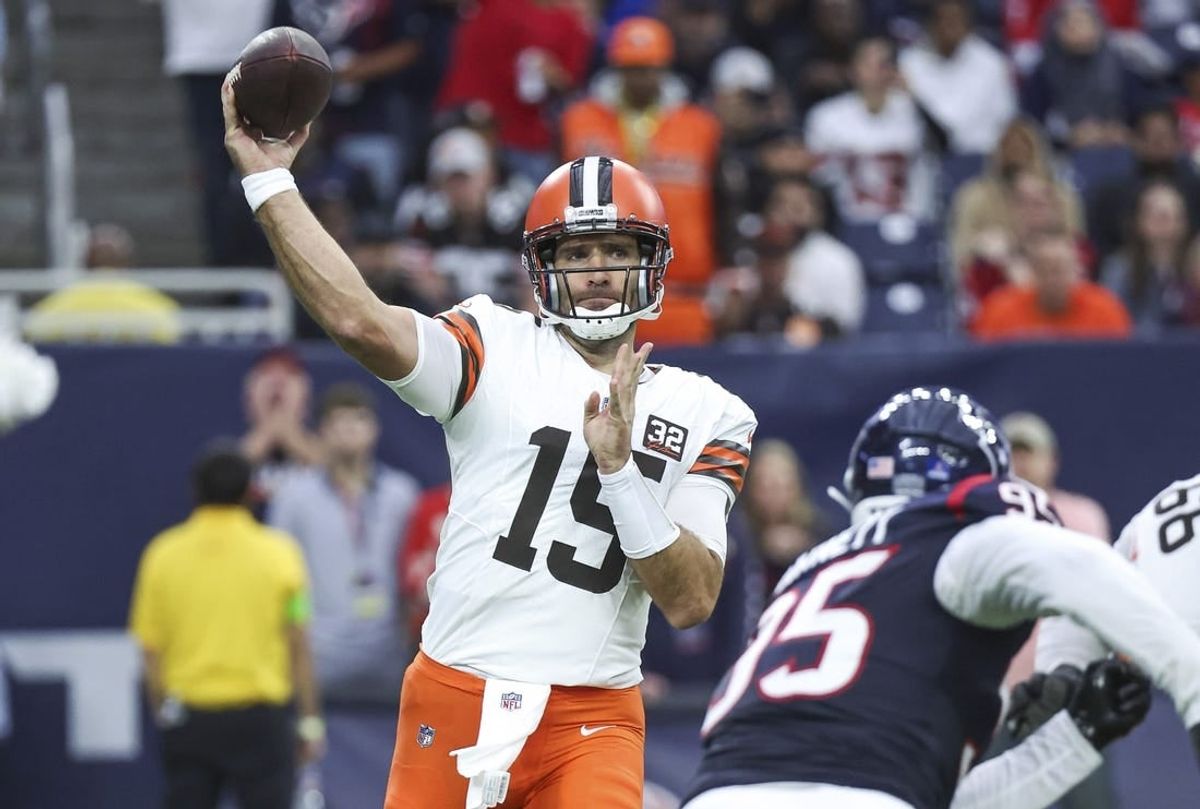 Dec 24, 2023; Houston, Texas, USA; Cleveland Browns quarterback Joe Flacco (15) throws the ball during the game against the Houston Texans at NRG Stadium.