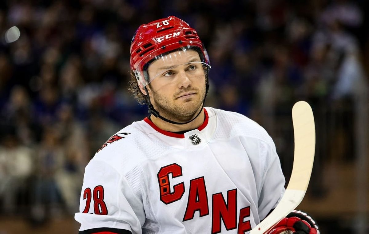 Jan 2, 2024; New York, New York, USA; Carolina Hurricanes left wing Brendan Lemieux (28) skates against the New York Rangers during the first period at Madison Square Garden.