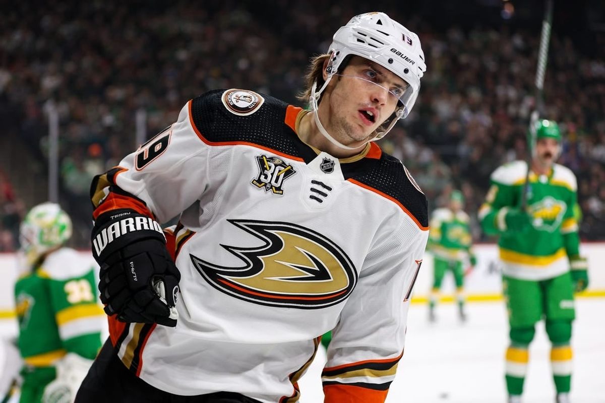 Jan 27, 2024; Saint Paul, Minnesota, USA; Anaheim Ducks right wing Troy Terry (19) celebrates his goal against the Minnesota Wild during the first period at Xcel Energy Center.