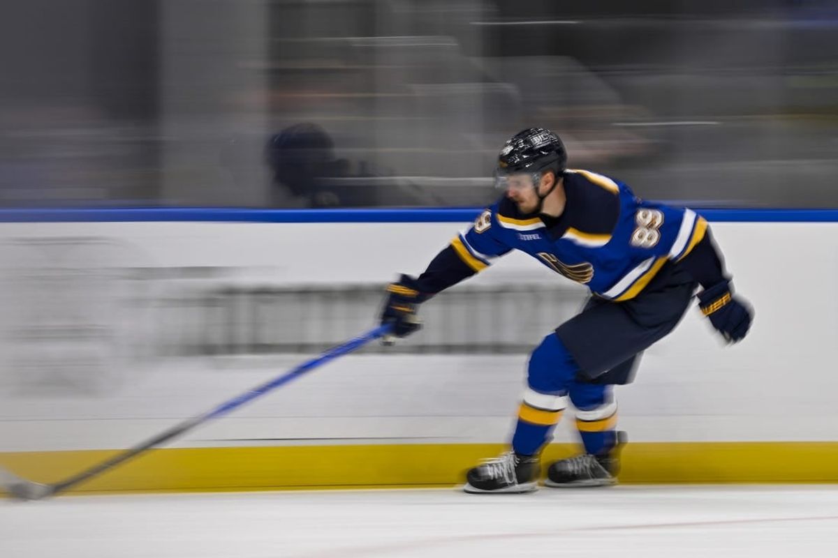 Nov 24, 2023; St. Louis, Missouri, USA;  St. Louis Blues left wing Pavel Buchnevich (89) controls the puck against the Nashville Predators during the third period at Enterprise Center.
