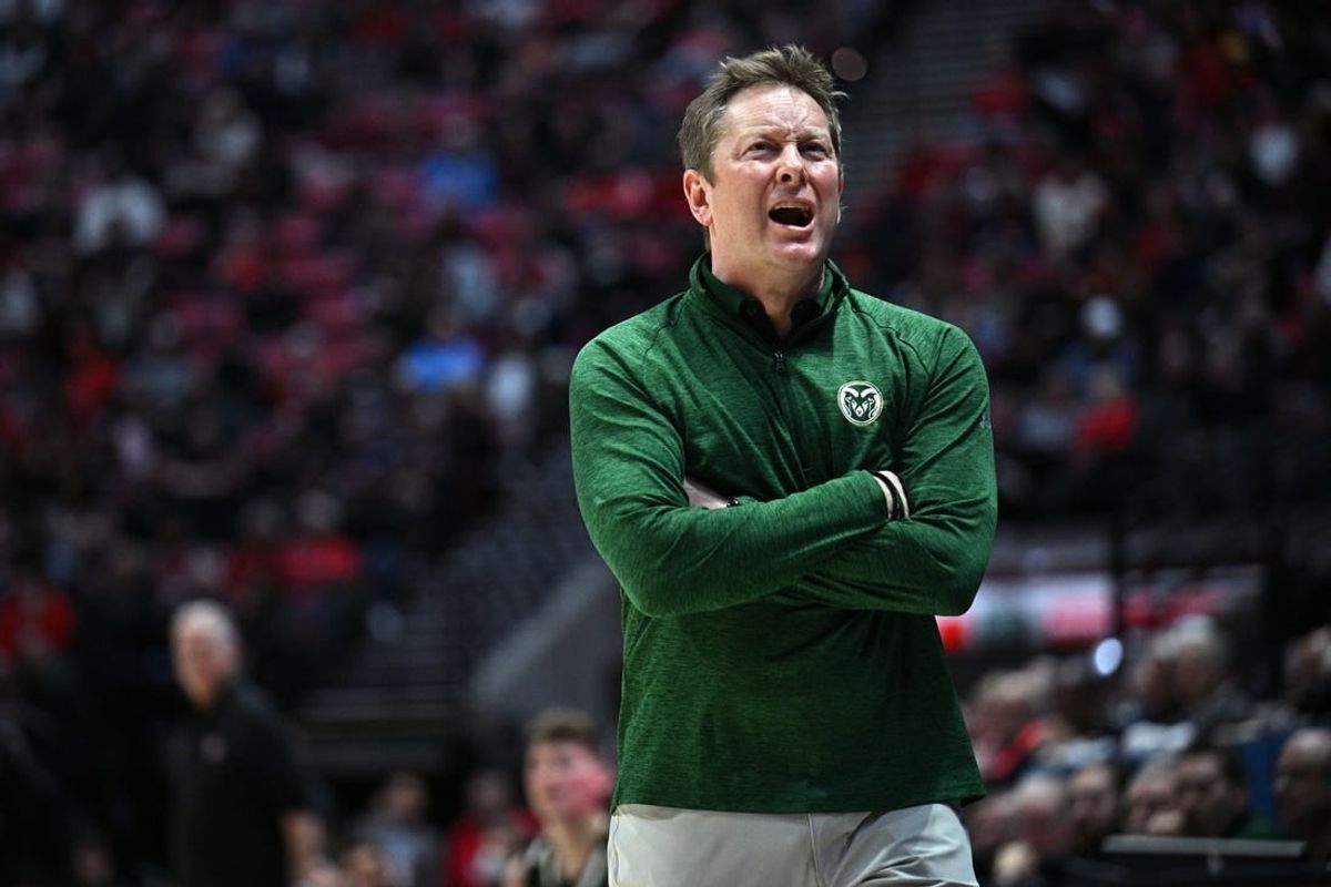 Feb 21, 2023; San Diego, California, USA; Colorado State Rams head coach Niko Medved reacts during the first half against the San Diego State Aztecs at Viejas Arena.