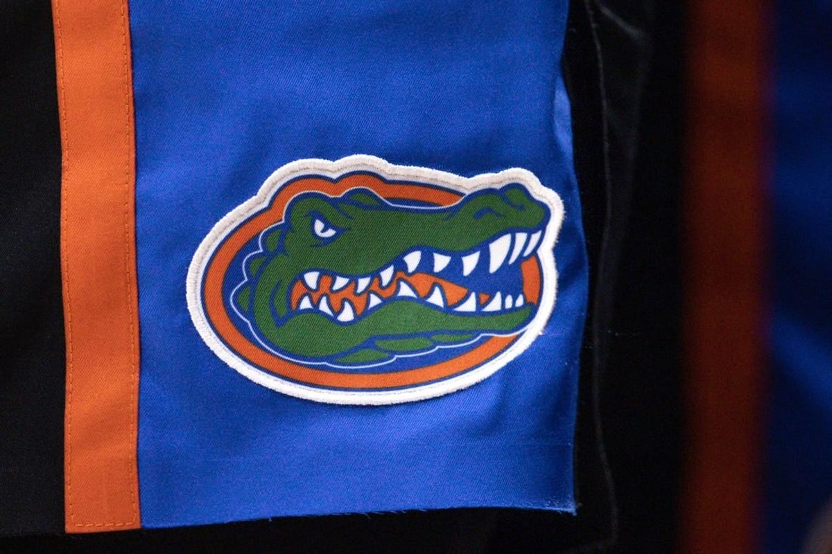 Jan 10, 2023; Baton Rouge, Louisiana, USA;  Detailed view of the Florida Gators logo against the LSU Tigers during the second half at Pete Maravich Assembly Center.