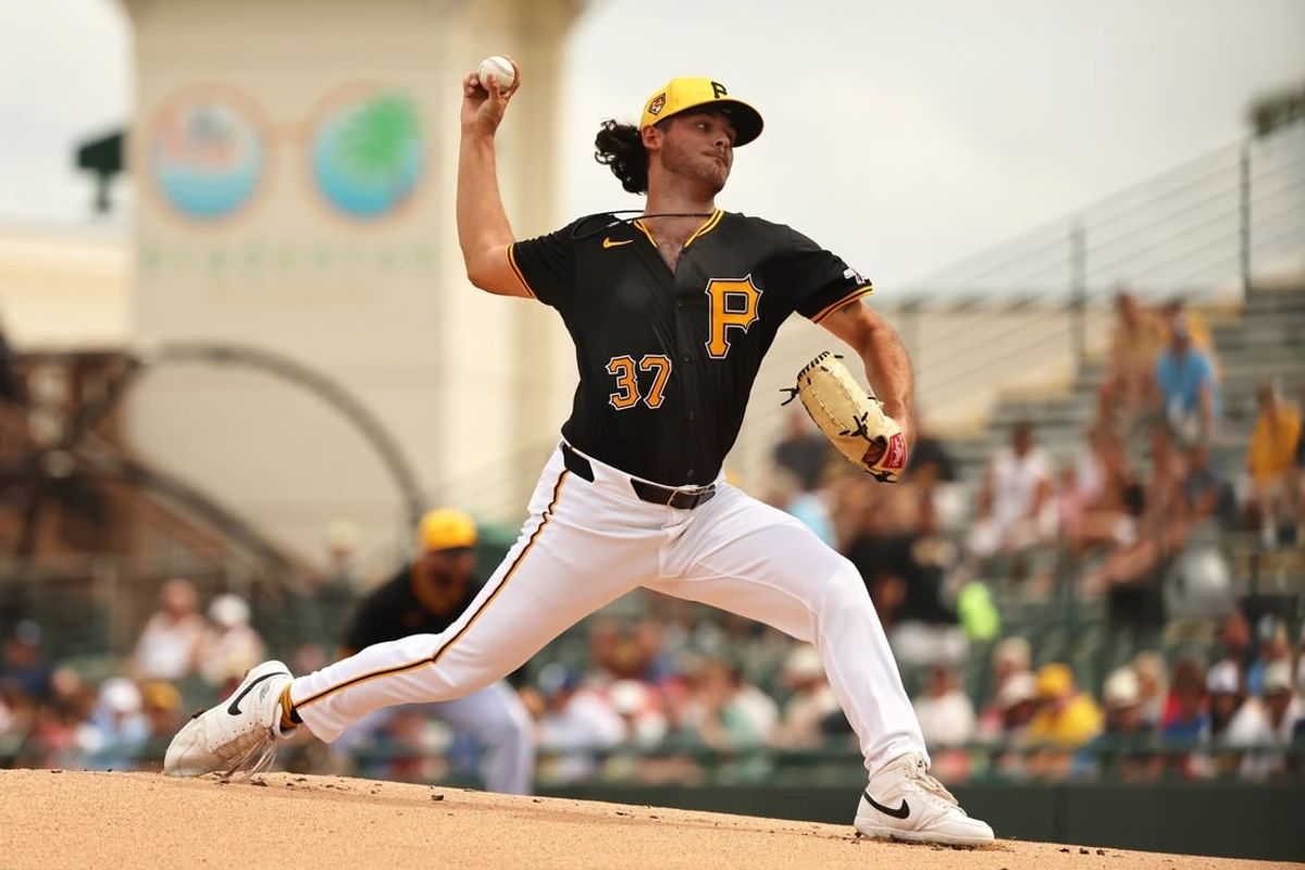 Mar 5, 2024; Bradenton, Florida, USA;  Pittsburgh Pirates starting pitcher Jared Jones (37) throws a pitch during the first inning against the Toronto Blue Jays at LECOM Park.