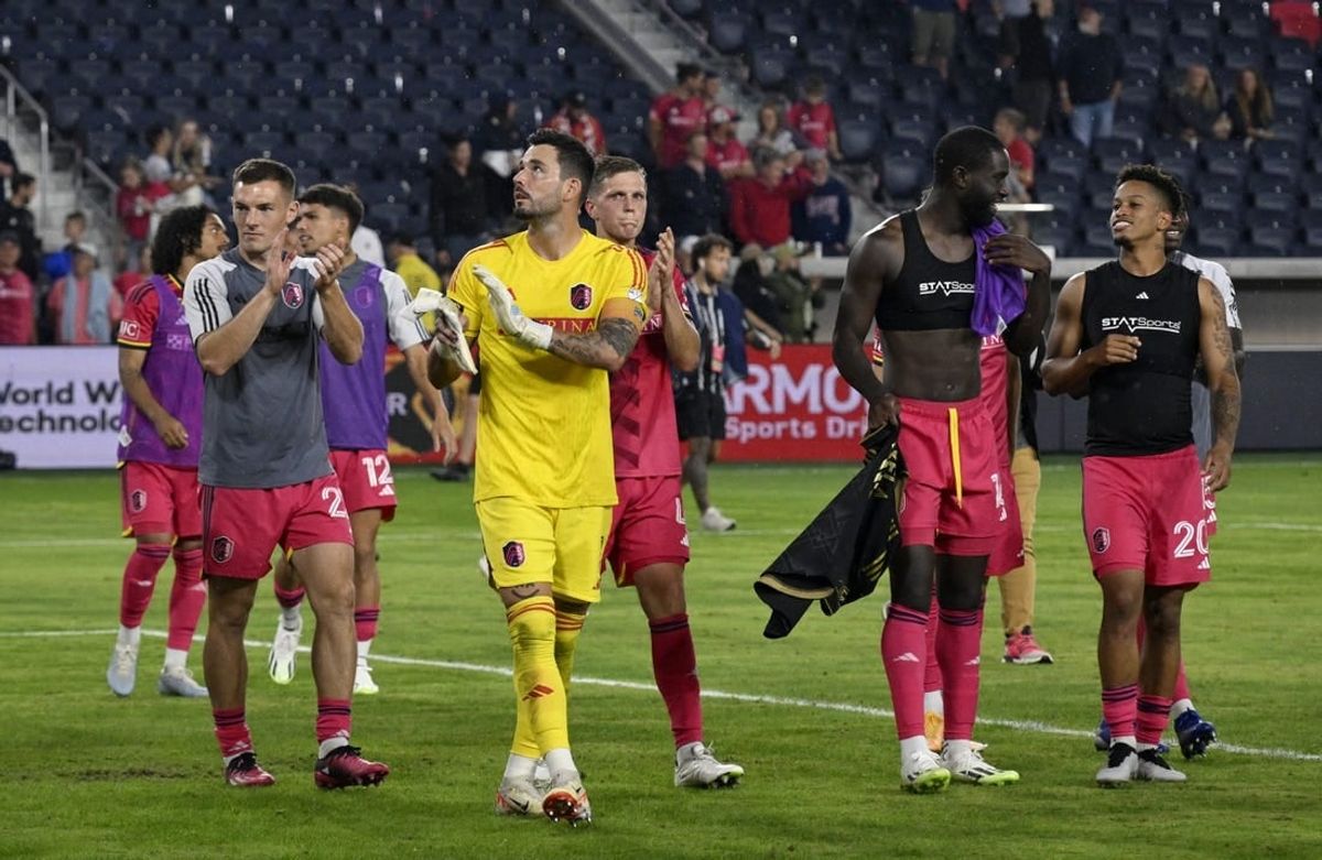 Sep 20, 2023; St. Louis, Missouri, USA; St. Louis City players acknowledge the fans after a match against Los Angeles FC at CITYPARK.