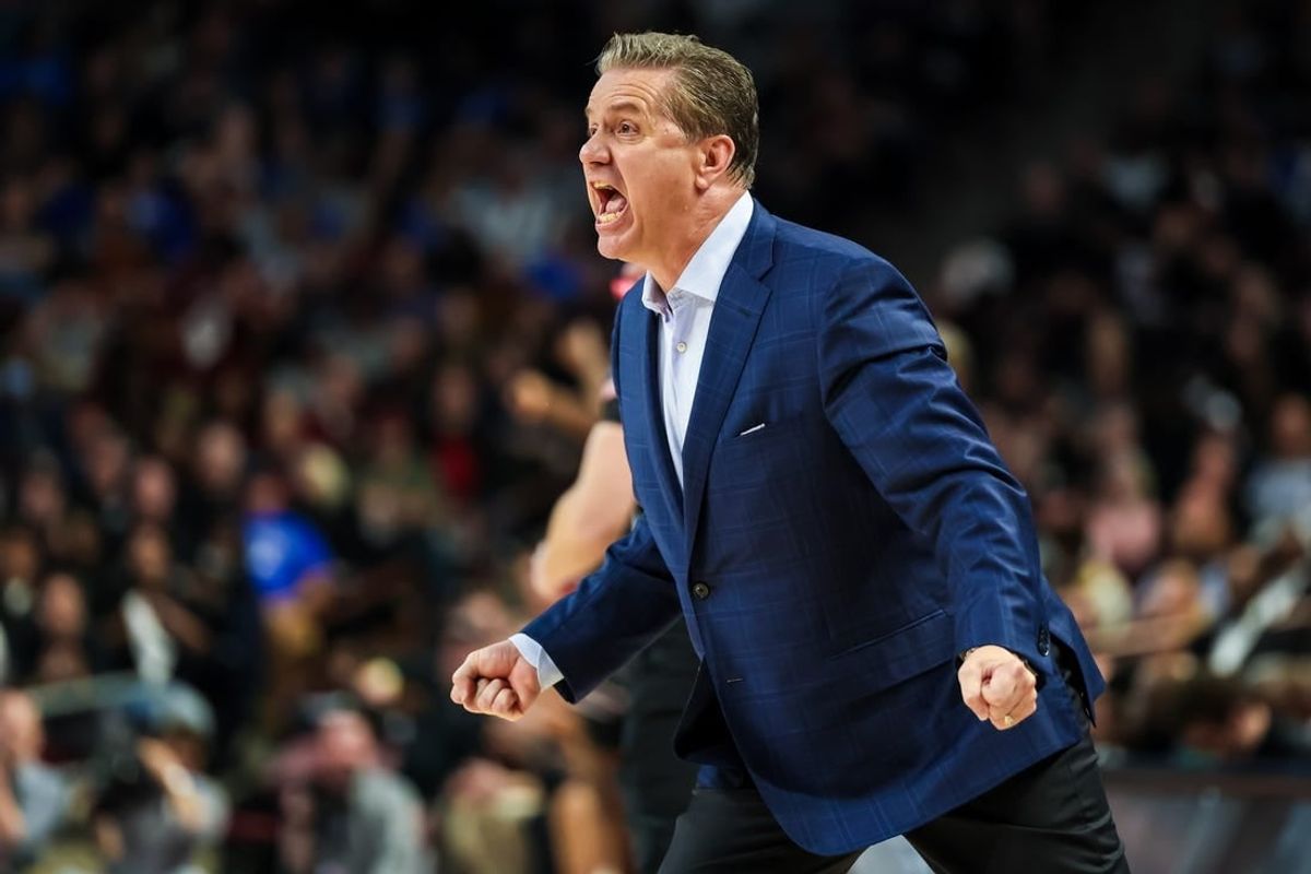 Jan 23, 2024; Columbia, South Carolina, USA; Kentucky Wildcats head coach John Calipari disputes a call against the South Carolina Gamecocks in the second half at Colonial Life Arena.