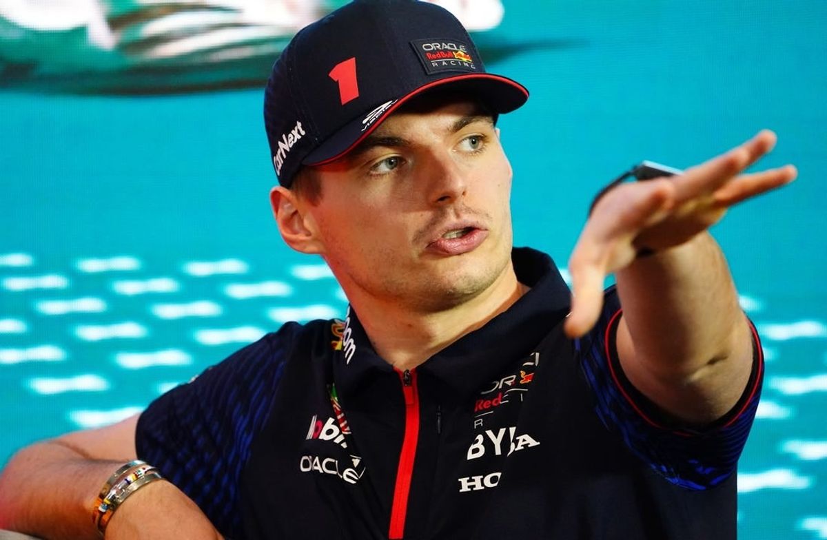 May 4, 2023; Miami Gardens, Florida, USA;  Red Bull driver Max Verstappen (1) of the Netherlands talks with the media during a breakout media session at Miami International Autodrome.