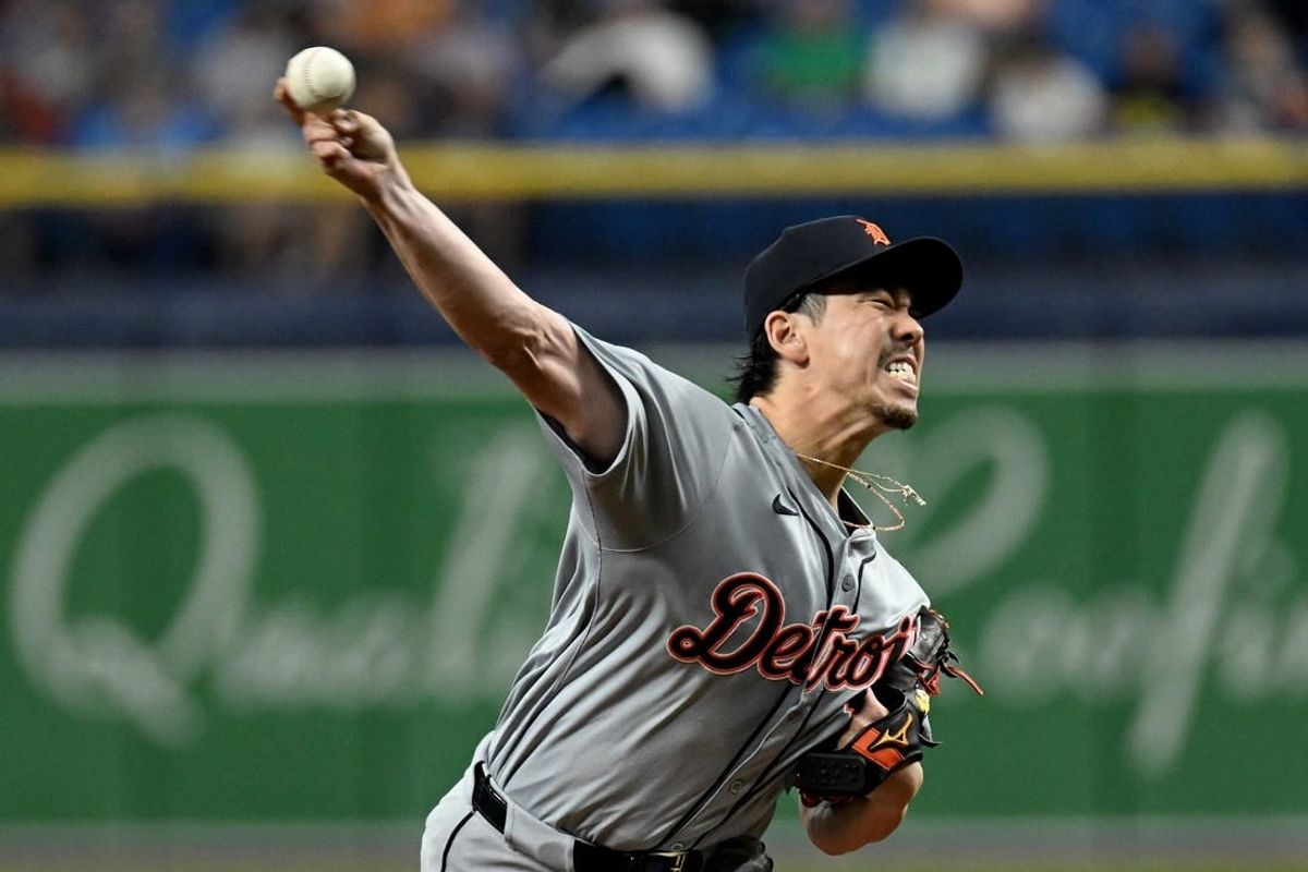 Apr 23, 2024; St. Petersburg, Florida, USA; Detroit Tigers starting pitcher Kenta Maeda (18) throws a pitch in the first inning against the Tampa Bay Rays  at Tropicana Field.