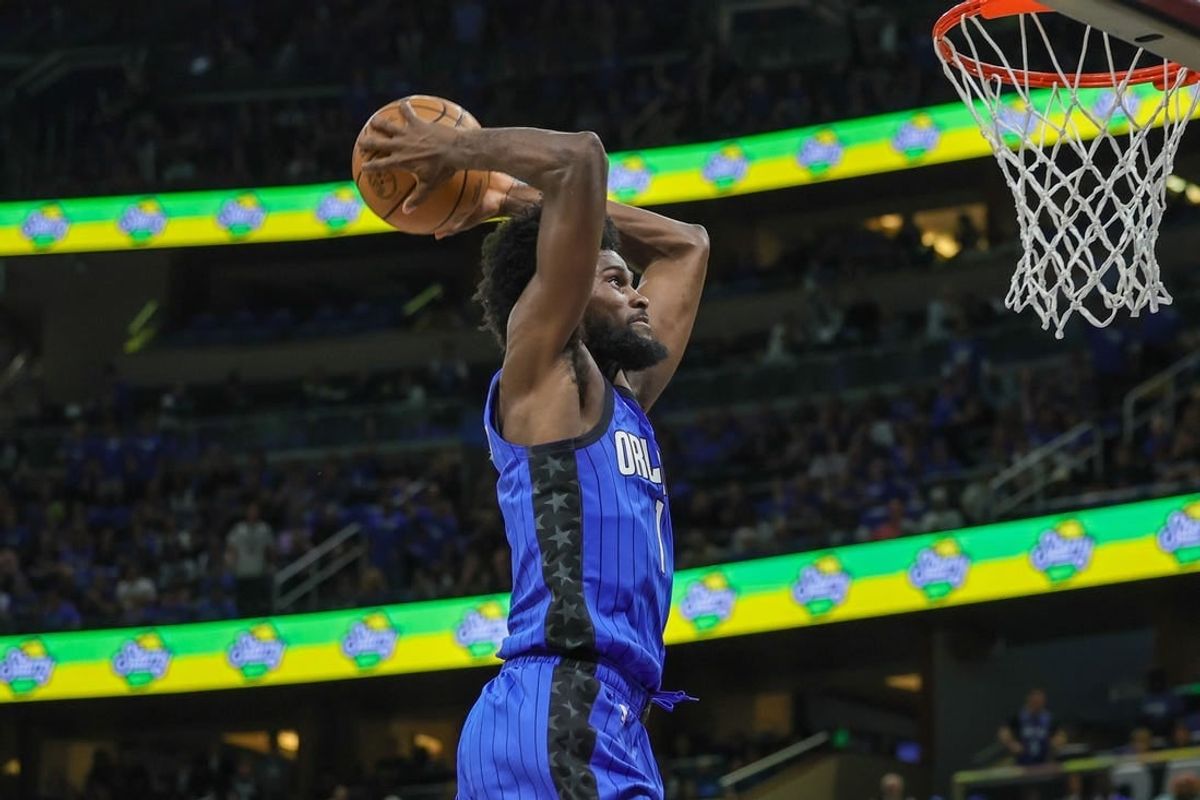 Apr 25, 2024; Orlando, Florida, USA; Orlando Magic forward Jonathan Isaac (1) dunks during the second quarter of game three of the first round for the 2024 NBA playoffs at Kia Center.