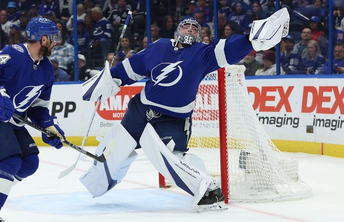 Dec 30, 2023; Tampa, Florida, USA; Tampa Bay Lightning goaltender Andrei Vasilevskiy (88) makes a save against the New York Rangers during the second period at Amalie Arena.
