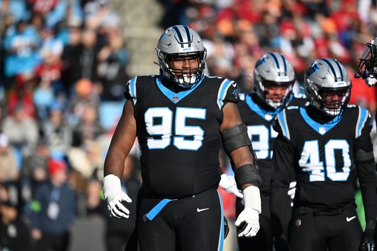 Jan 7, 2024; Charlotte, North Carolina, USA;  Carolina Panthers defensive tackle Derrick Brown (95) reacts in the third quarter at Bank of America Stadium.