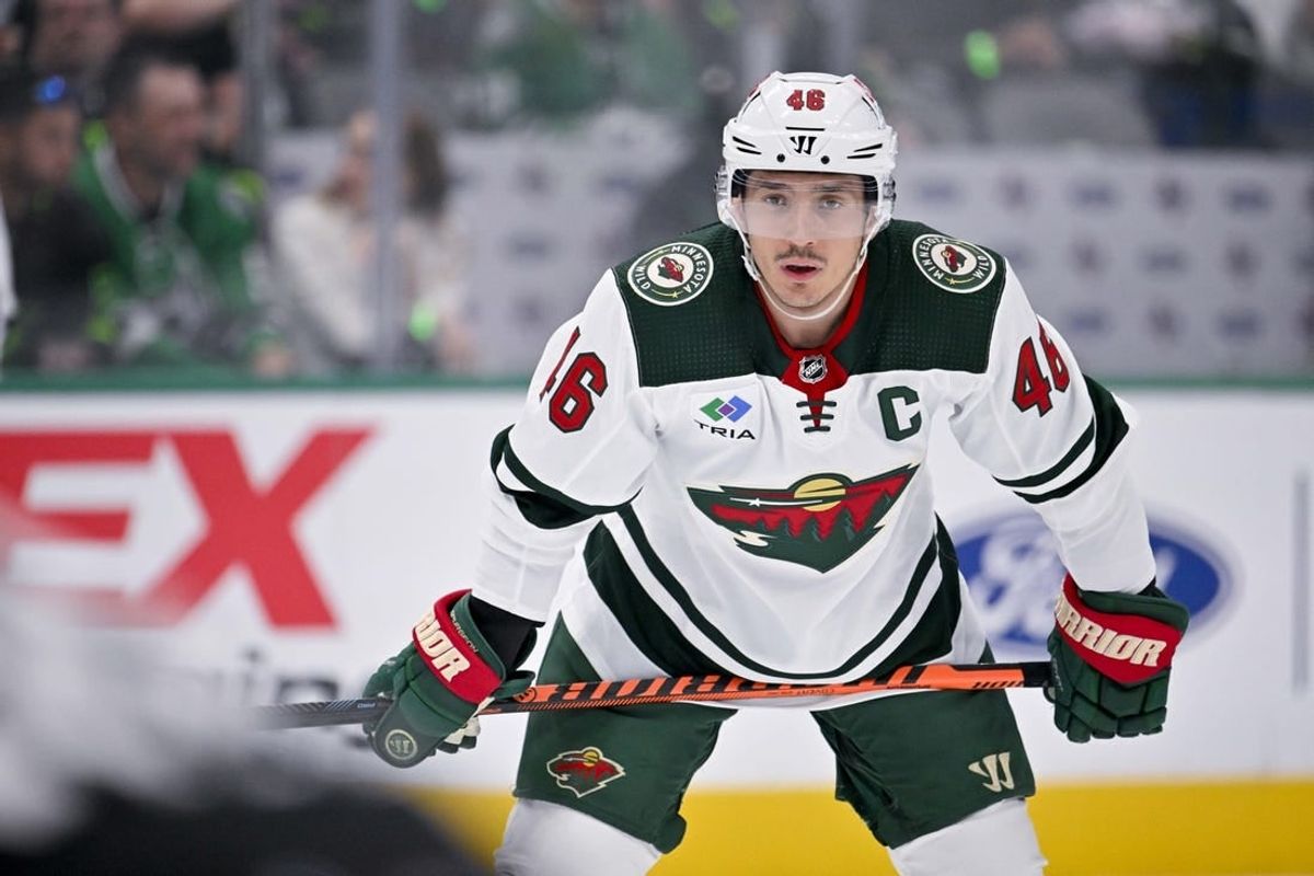 Apr 17, 2023; Dallas, Texas, USA; Minnesota Wild defenseman Jared Spurgeon (46) in action during the game between the Dallas Stars and the Minnesota Wild in game one of the first round of the 2023 Stanley Cup Playoffs at the American Airlines Center.