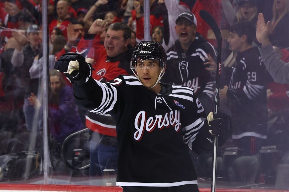 Mar 23, 2024; Newark, New Jersey, USA; New Jersey Devils left wing Tomas Nosek (92) celebrates his goal against the Ottawa Senators during the second period at Prudential Center.