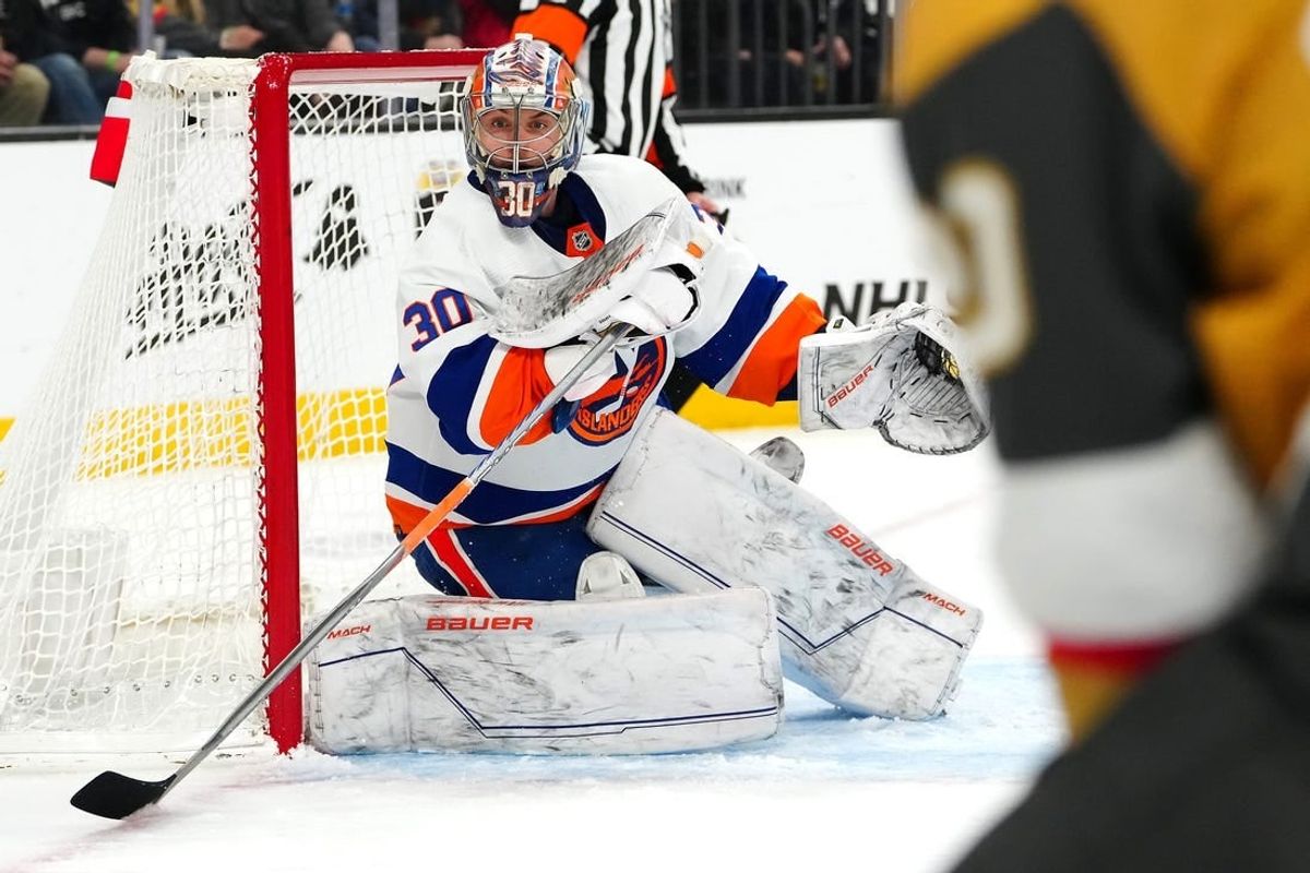 Jan 6, 2024; Las Vegas, Nevada, USA; New York Islanders goaltender Ilya Sorokin (30) recovers his stick while defending his net against the Vegas Golden Knights during the second period at T-Mobile Arena.