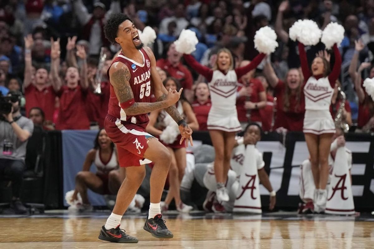 Mar 28, 2024; Los Angeles, CA, USA; Alabama Crimson Tide guard Aaron Estrada (55) reacts in the second half against the North Carolina Tar Heels in the semifinals of the West Regional of the 2024 NCAA Tournament at Crypto.com Arena.