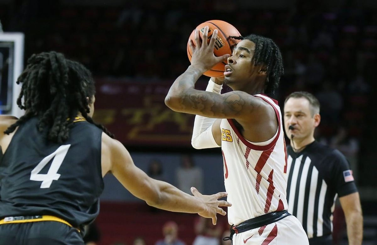 Iowa State Cyclones guard Keshon Gilbert (10) looks for pass the ball around Prairie View A&M Panthers guard Charles Smith IV (4) during the first half of a NCAA college basketball at Hilton Coliseum on Sunday, Dec. 10, 2023, in Ames, Iowa.