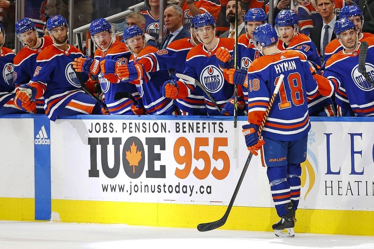 Jan 6, 2024; Edmonton, Alberta, CAN; The Edmonton Oilers celebrate after a goal by forward Zach Hyman (18) during the third period against the Ottawa Senators at Rogers Place.