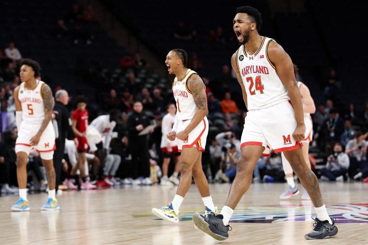 Mar 13, 2024; Minneapolis, MN, USA; Maryland Terrapins forward Donta Scott (24) celebrates his shot against the Rutgers Scarlet Knights during the first half at Target Center.