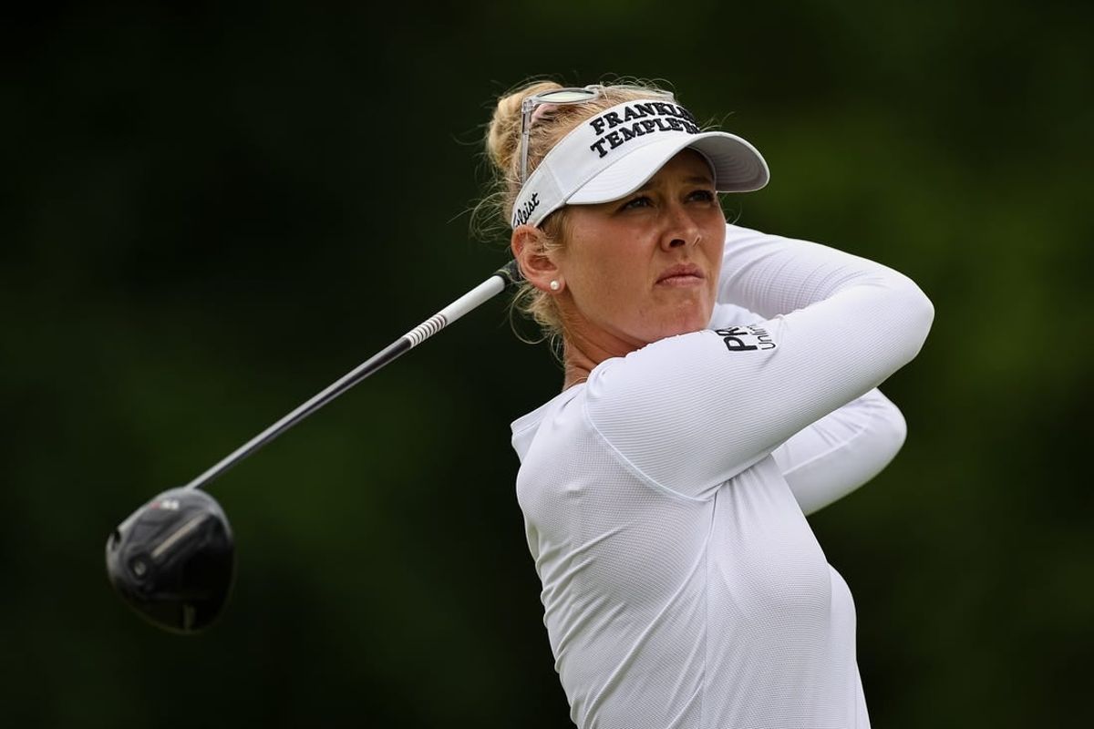 Jun 24, 2022; Bethesda, Maryland, USA; Jessica Korda plays her shot from the 14th tee during the second round of the KPMG Women's PGA Championship golf tournament at Congressional Country Club.