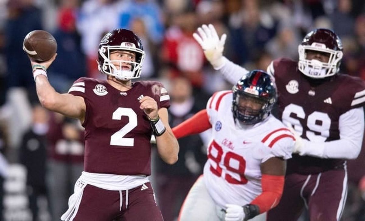 Mississippi State QB Will Rogers (2) passes against Ole Miss during the second half of the Egg Bowl at Davis Wade Stadium in Starkville, Miss., Thursday, Nov. 23, 2023.
