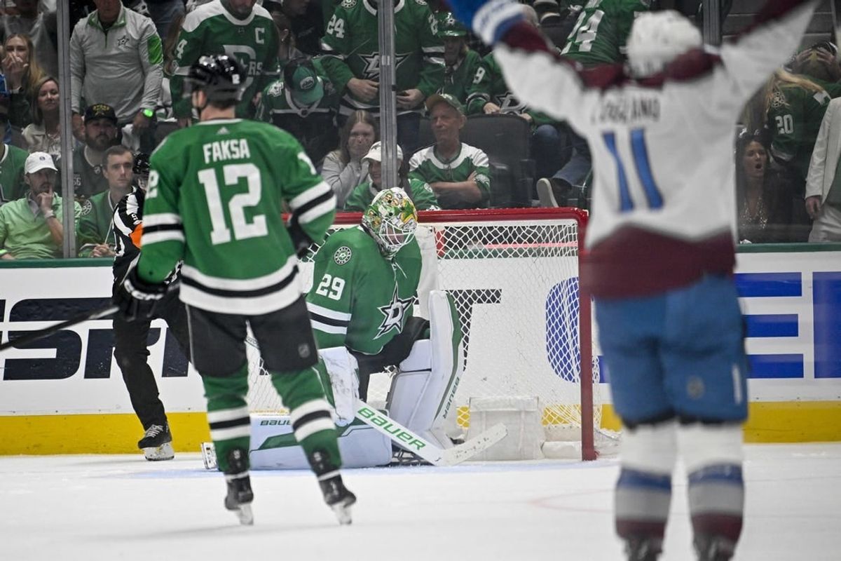 May 7, 2024; Dallas, Texas, USA; Dallas Stars goaltender Jake Oettinger (29) reacts to giving up a goal to Colorado Avalanche left wing Miles Wood (not pictured) during the overtime period in game one of the second round of the 2024 Stanley Cup Playoffs at American Airlines Center.