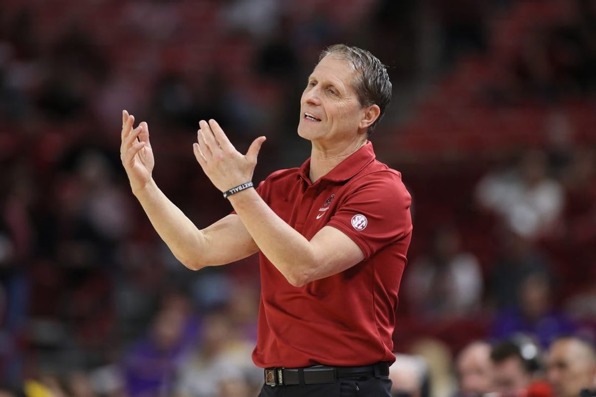 Mar 6, 2024; Fayetteville, Arkansas, USA; Arkansas Razorbacks head coach Eric Musselman during the first half against the LSU Tigers at Bud Walton Arena.
