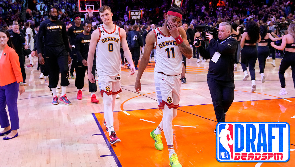 Denver Nuggets guard Christian Braun (l.) and forward Bruce Brown leave the court after Game 3 of the Western Conference semifinals