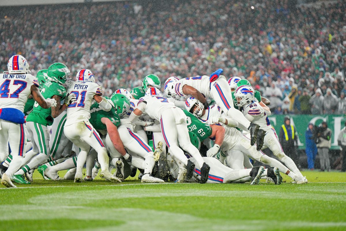 Philadelphia Eagles score a tush push touchdown during the game between the Buffalo Bills and the Philadelphia Eagles on November 26, 2023 at Lincoln Financial Field.
