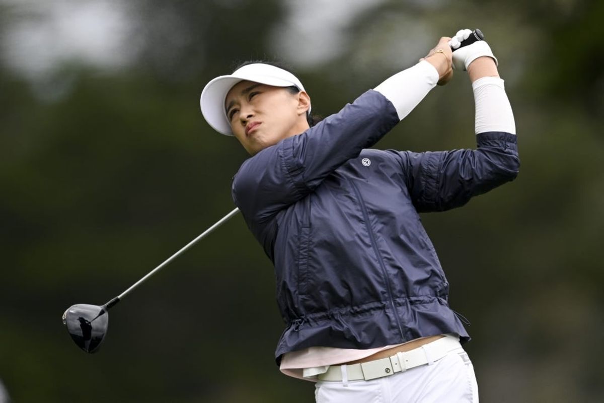 Jul 7, 2023; Pebble Beach, California, USA; Amy Yang tees off on the 14th hole during the second round of the U.S. Women's Open golf tournament at Pebble Beach Golf Links.