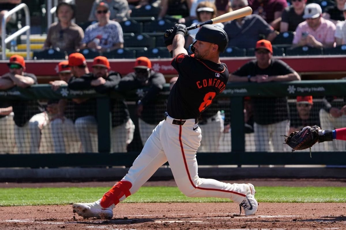 Mar 1, 2024; Scottsdale, Arizona, USA; San Francisco Giants left fielder Michael Conforto (8) bats against the Texas Rangers during the first inning at Scottsdale Stadium.