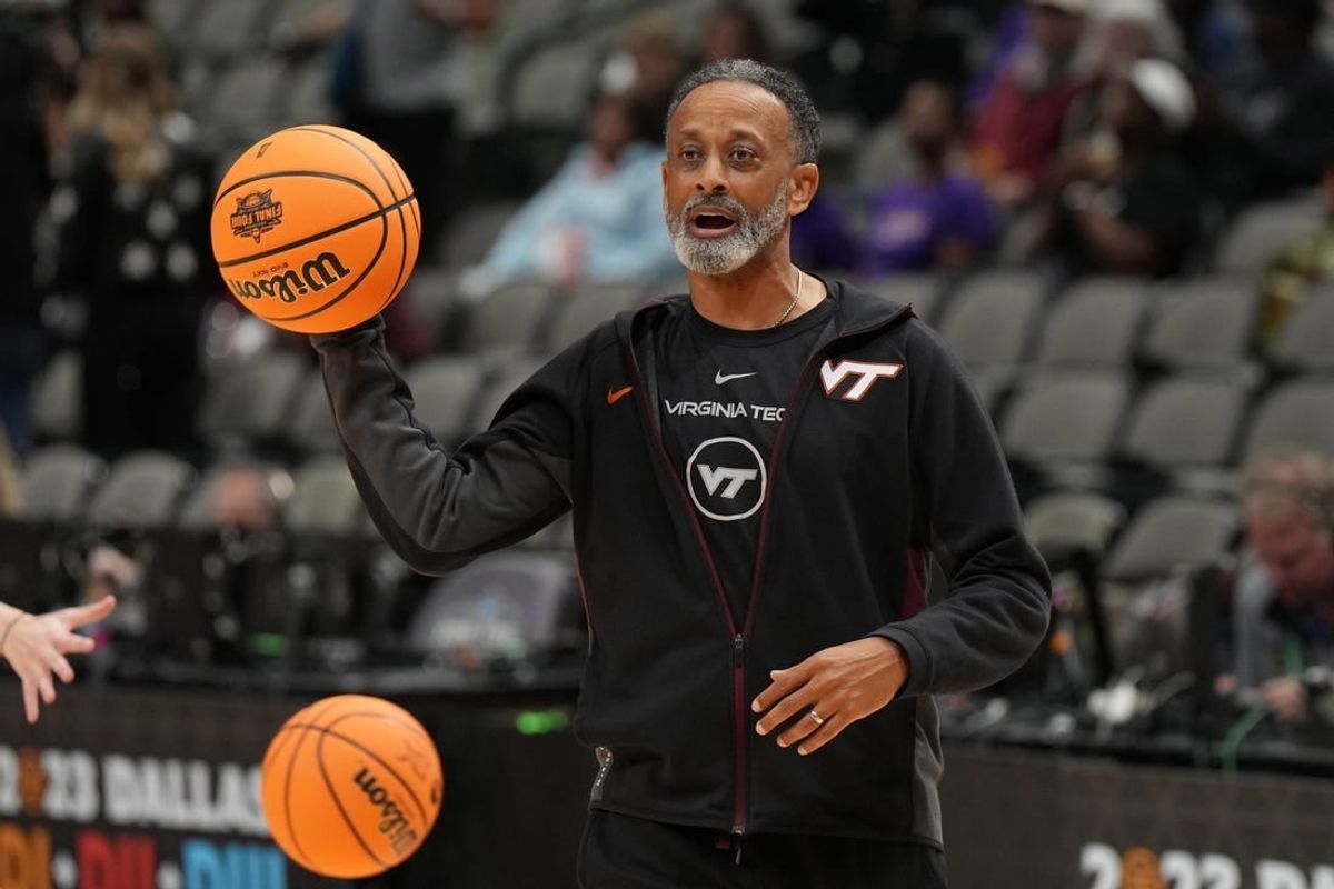 Mar 30, 2023; Dallas, TX, USA; Virginia Tech Hokies coach Kenny Brooks during practice at the American Airlines Center.