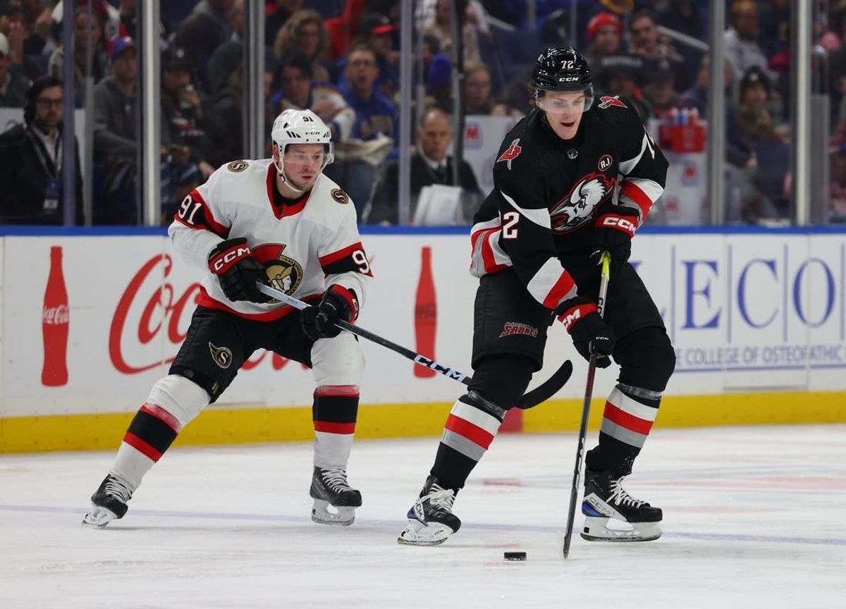 Jan 11, 2024; Buffalo, New York, USA;  Buffalo Sabres right wing Tage Thompson (72) looks to make a pass as Ottawa Senators right wing Vladimir Tarasenko (91) defends during the second period at KeyBank Center.