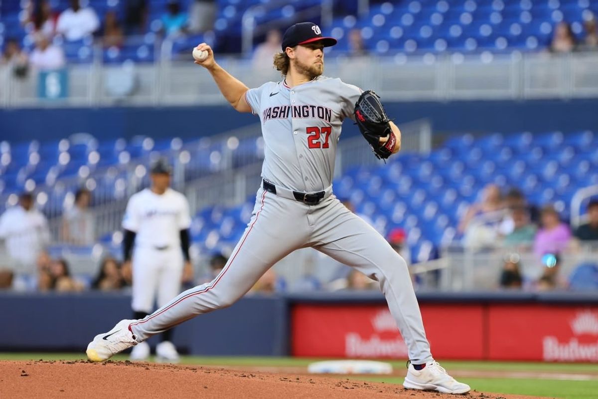 Apr 29, 2024; Miami, Florida, USA; Washington Nationals starting pitcher Jake Irvin (27) delivers a pitch against the Miami Marlins during the first inning at loanDepot Park.